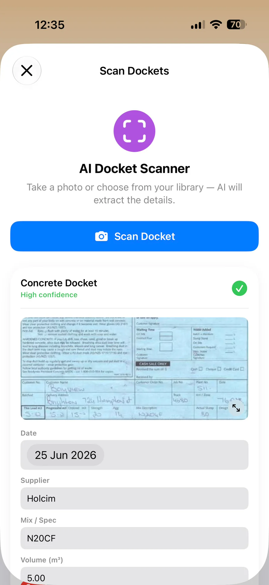 Reo AI Docket Scanner on iPhone — reads supplier, mix and volume from a concrete docket