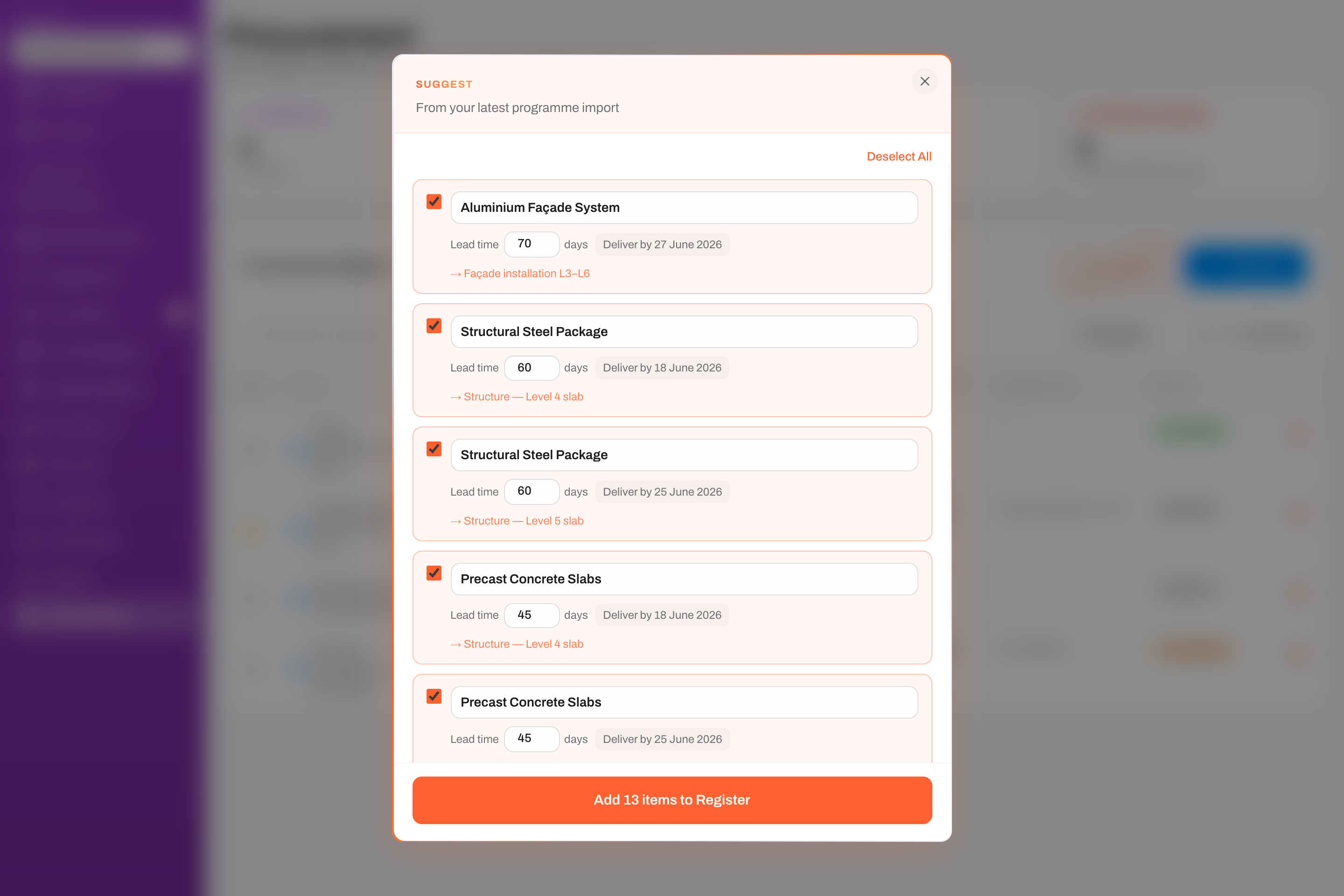 Reo AI suggesting procurement packages from the programme — lead times and order-by dates
