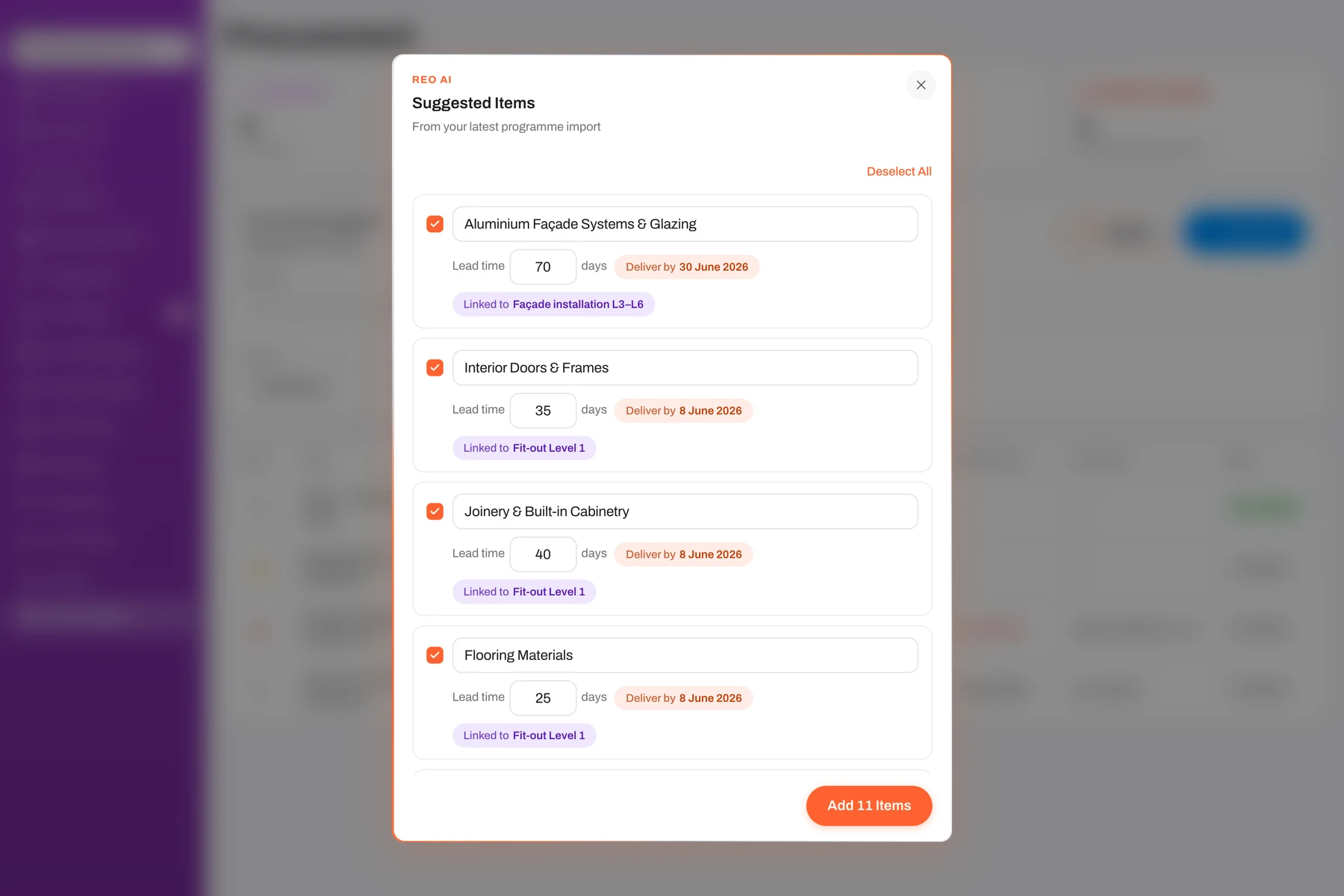 Reo AI suggesting procurement packages from the programme — lead times and order-by dates
