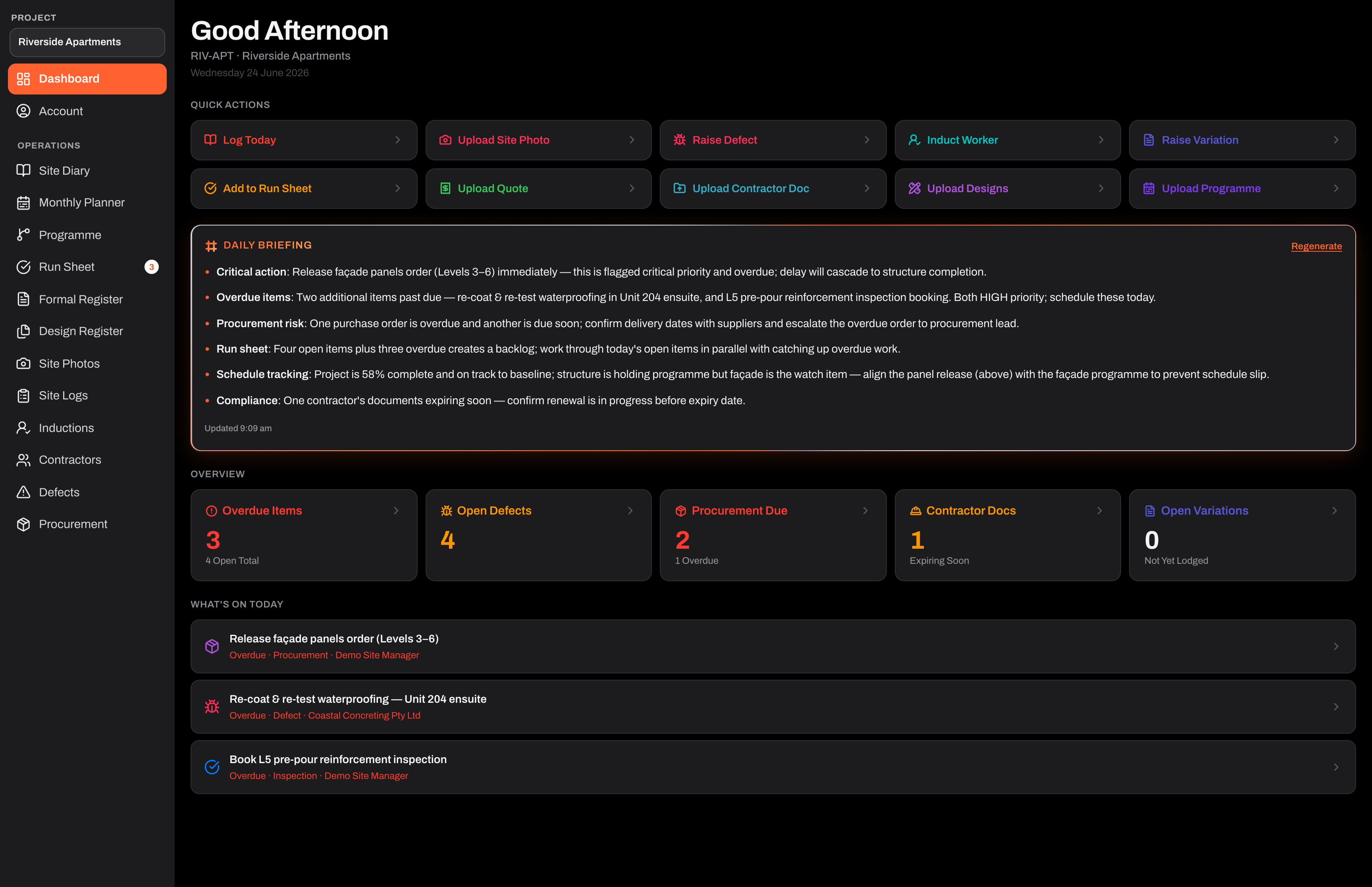 The Reo dashboard on a MacBook Pro — daily AI briefing, overdue items, open defects, procurement and cost at a glance — dark mode