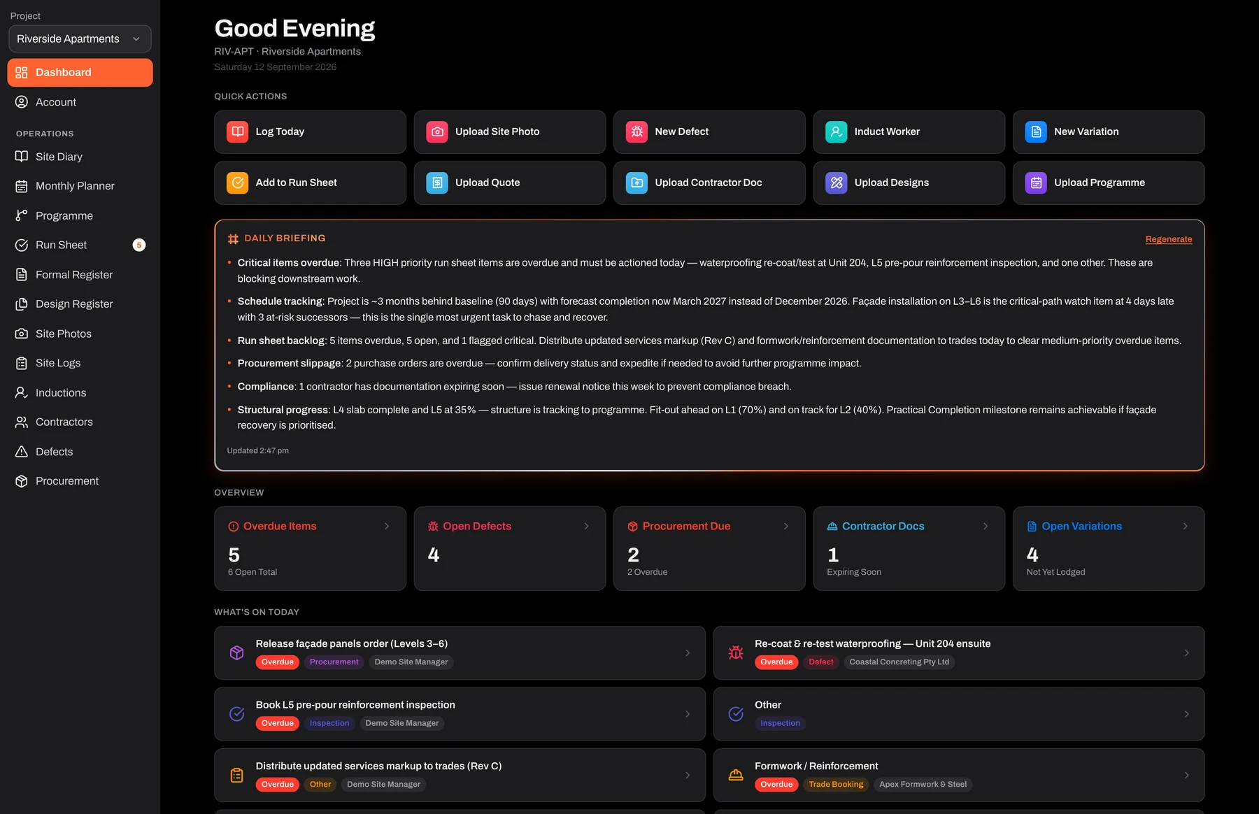 The Reo dashboard on a MacBook Pro — daily AI briefing, overdue items, open defects, procurement and cost at a glance — dark mode