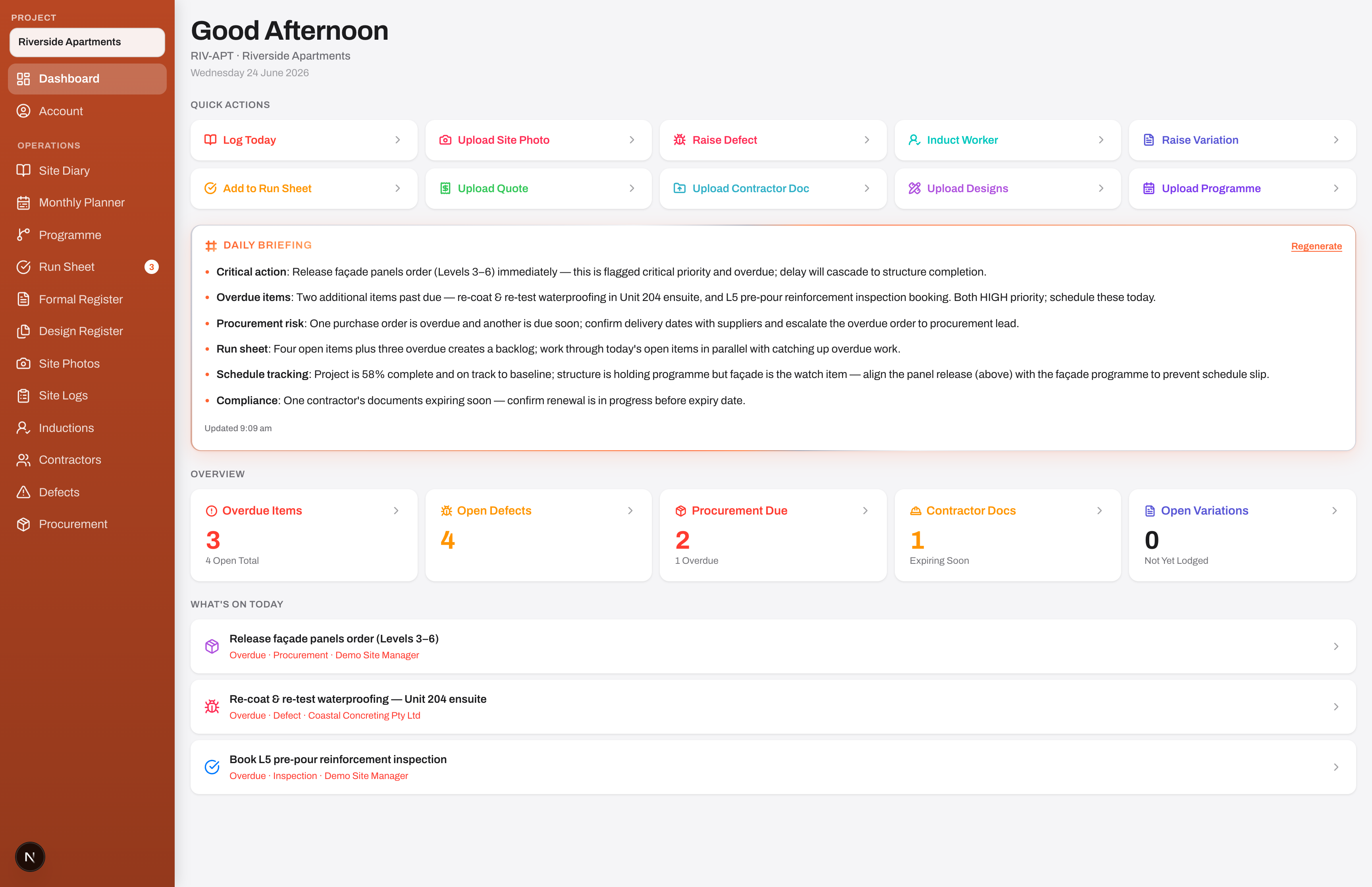 The Reo dashboard on a MacBook Pro — daily AI briefing, overdue items, open defects, procurement and cost at a glance