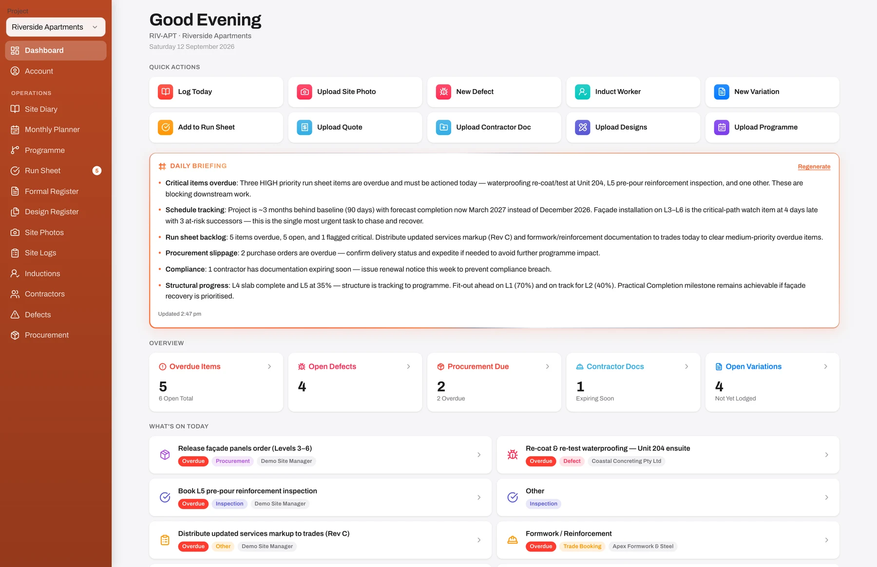 The Reo dashboard on a MacBook Pro — daily AI briefing, overdue items, open defects, procurement and cost at a glance