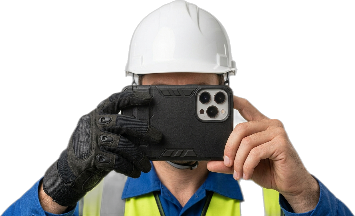 A builder on site using Reo on his phone