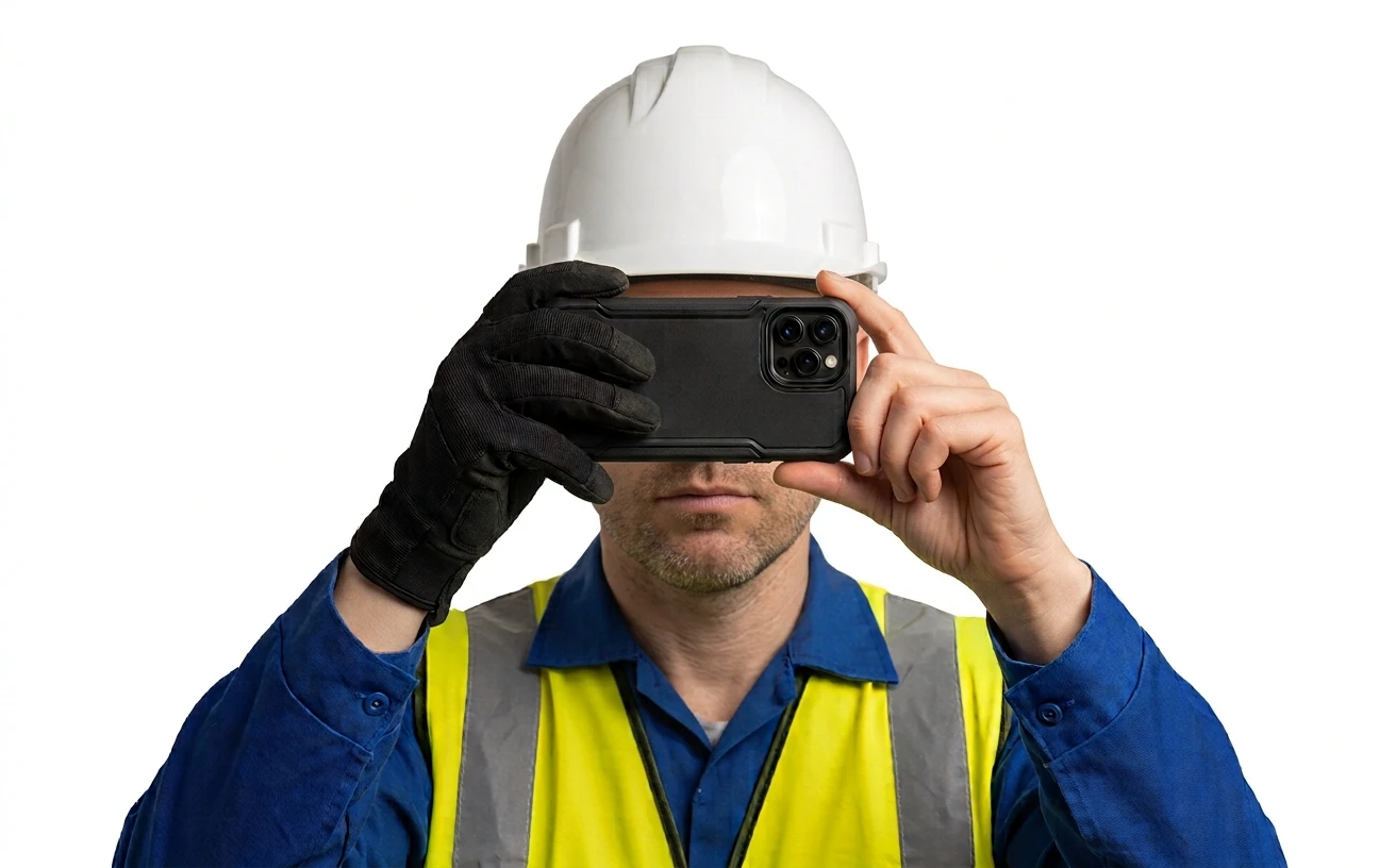 A builder on site using Reo on his phone